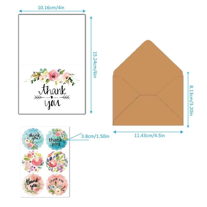 

1 Set Greeting Card 8 Thank You Cards + 8 Kraft Paper Envelopes + 2 Floral Stickers Appreciate for Thanksgiving Day Mothers' Day