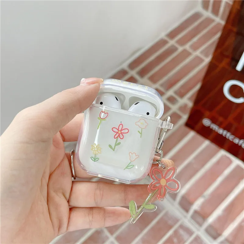 

For Airpods 1 2 Pro Case Transparent Clear Flower Soft Silicone Protective Cover For Airpod Case Funda Keychain