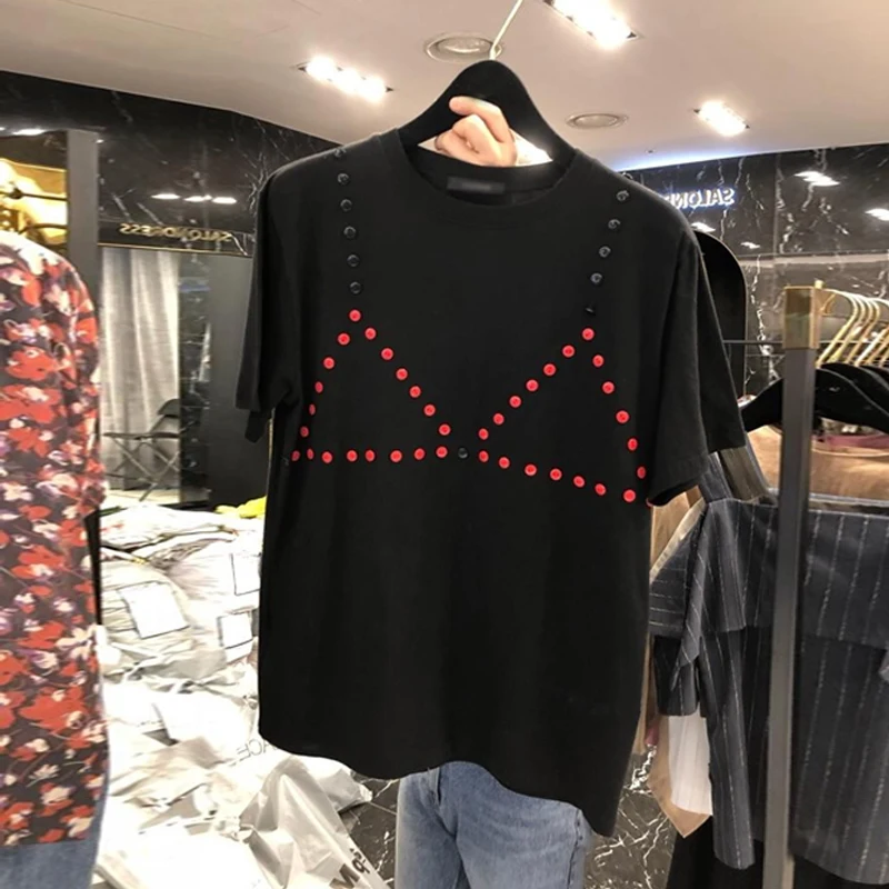 

2020 Summer New Korean Fashion Color Button Decorative Women's Short Sleeve T-shirt Female Loose Tee Top Black T Shirt Tshirt