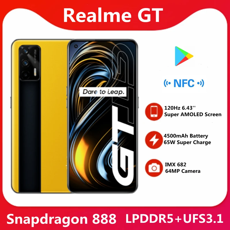  Realme GT 5G смарт телефон Snapdragon 888 5nm 120 Гц 6,43 "Super AMOLED Экран 3D Стекло тела 4500 мА/ч, 65 Вт Супер заряда NFC 