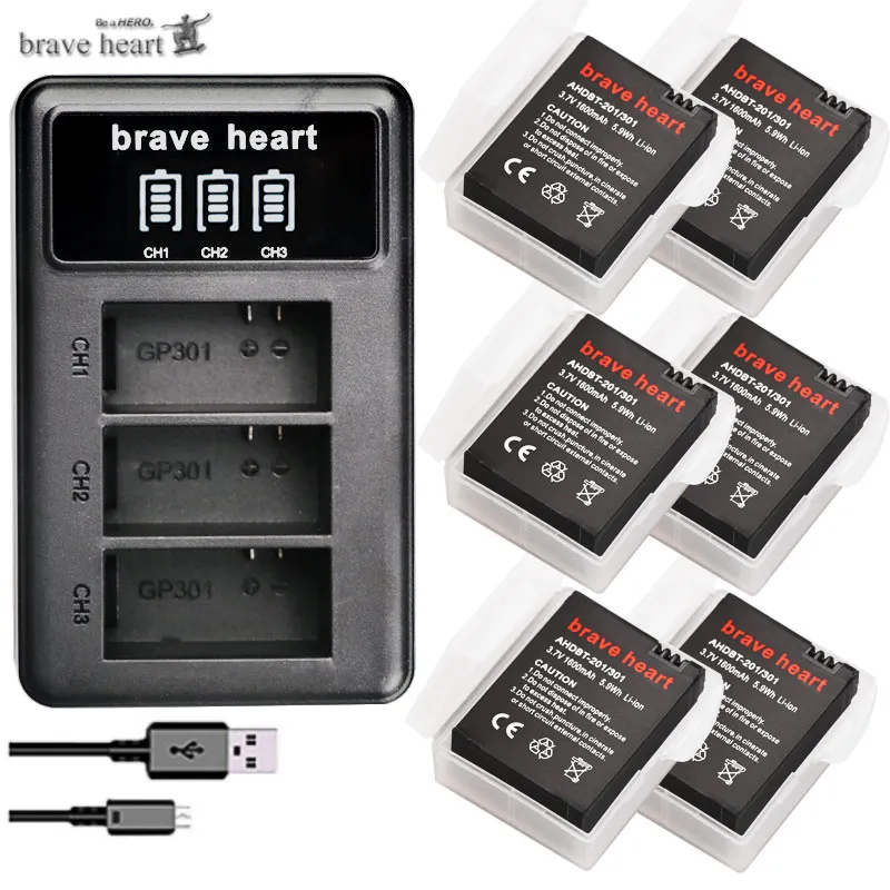 charger and 6battery Go Pro hero 3 3+ gopro3 gopro 3 hero 3 батареи для Gopro hero 3 3+ Black Edition белый серебряный выпуск HD камеры аксессуары - Цвет: charger and 6battery
