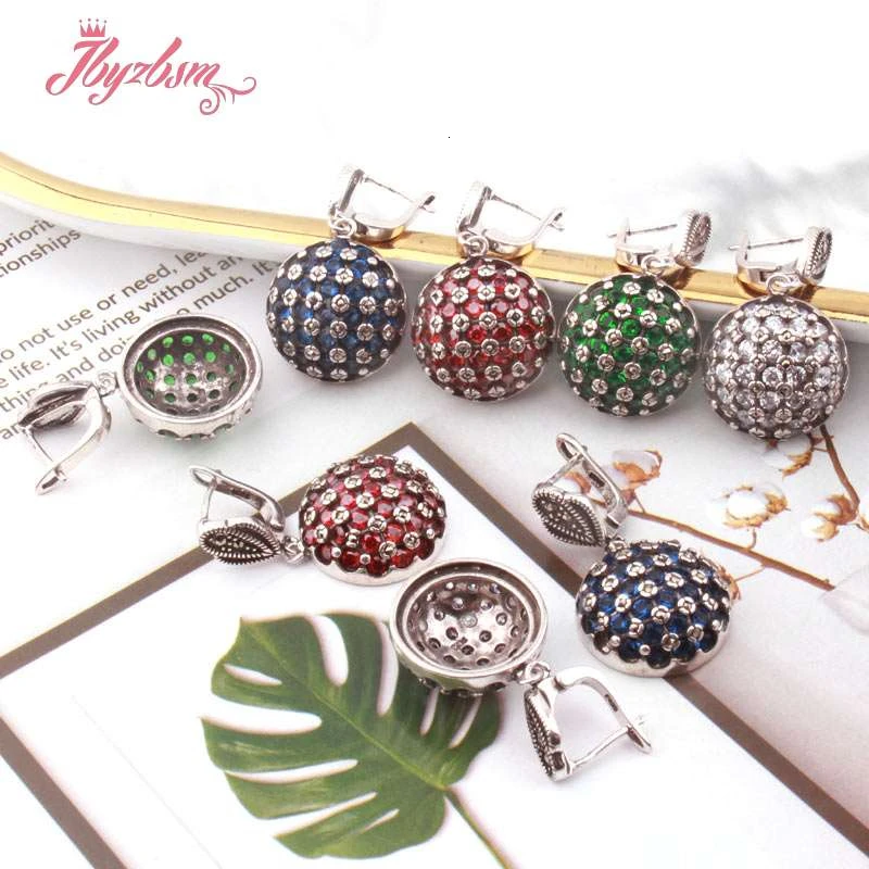 

18mm Semicircle Rhinestone Red Green Blue Inlaid Marcastie Tibetan Silver Earring For Women Gift Dangle Huggie Earring 1 Pair