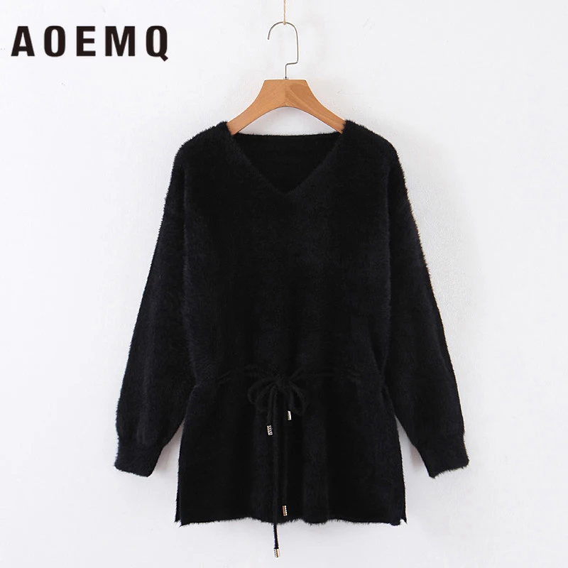 AOEMQ Winter Vintage Classic Sweaters Pullovers Christmas Lantern Sleeve 4 Colors Solid Fluff Warm Soft Women | Женская одежда