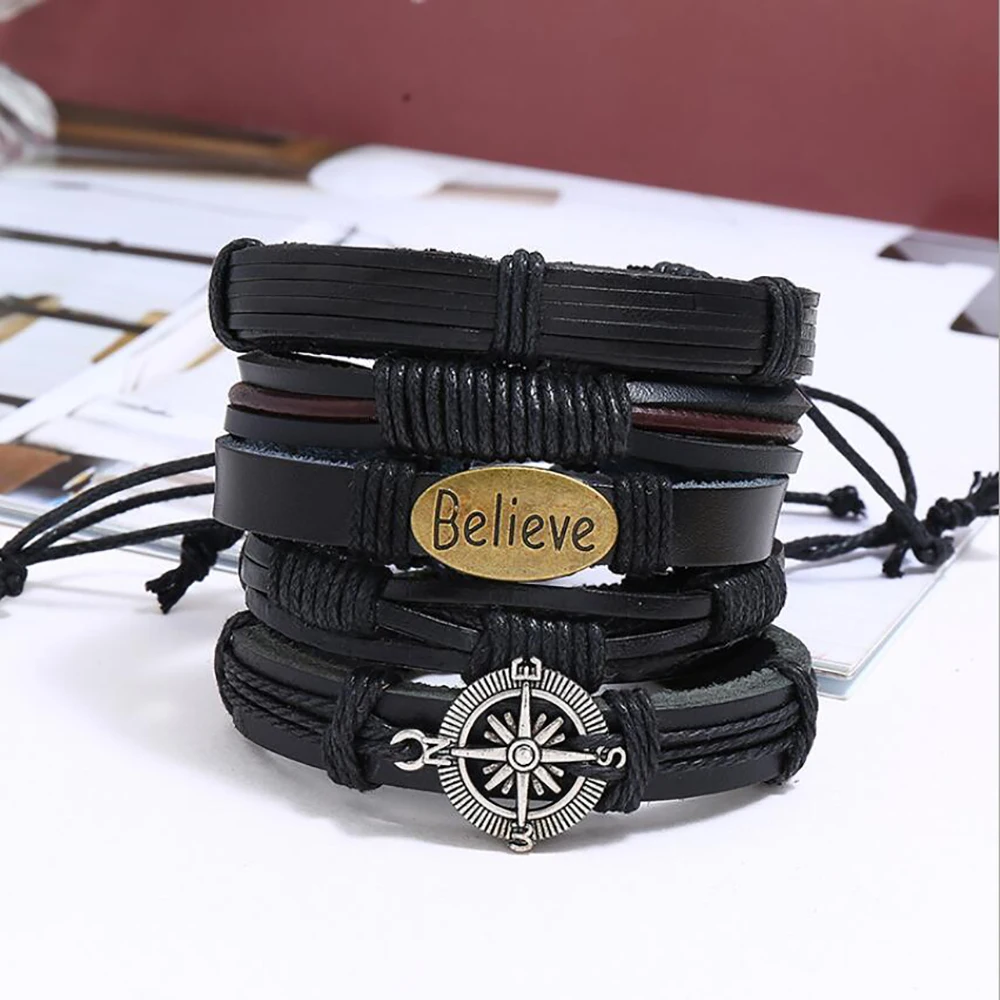 Ретро выдвижной письмо браслет комплект мужские повседневные кожаные браслеты