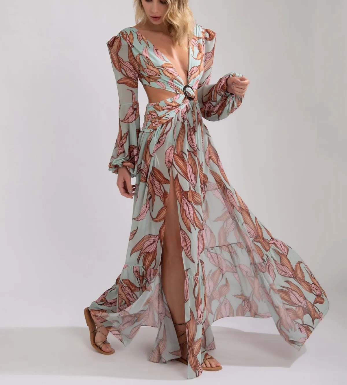 Women's 2021 Sexy Personality Cross Leak Chest Lantern Long Sleeve Big Swing Printed Dress Swimsuit Beachwear