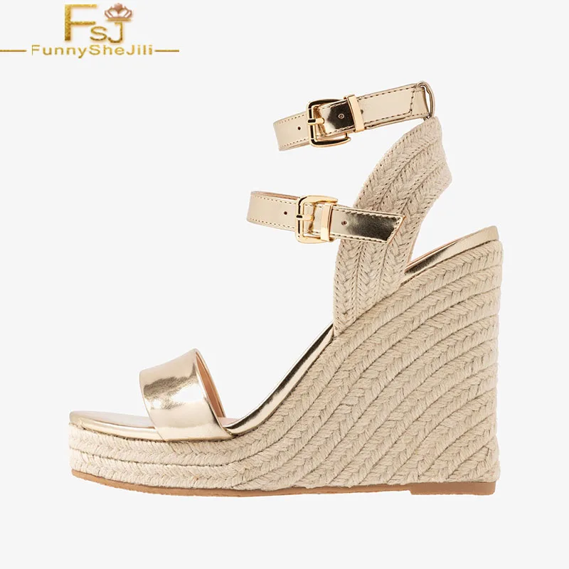 

FSJ Vintage Gold Patent Three Strap Buckle Platform High Wedge Heel Women Sandals Open Toe Comfy Casual Female Shoes 2021 Summer
