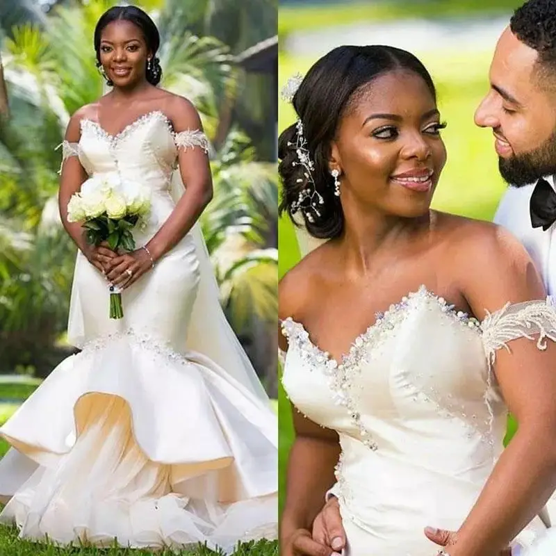 

African Mermaid Wedding Bridal Gowns Satin Strapless Special Design Neck Sweety Tiered Skirts Welcomed Female Dress