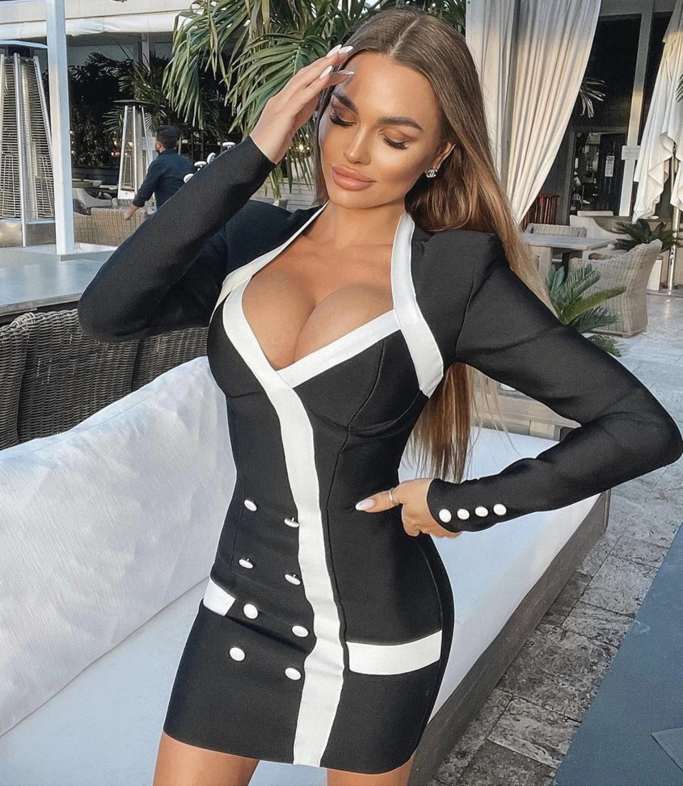 

Winter Style Sexy Long Sleeve Black V Neck Patchwork Women Bodycon Bandage Dress 2021 Designer Fashion Party Club Dress Vestido