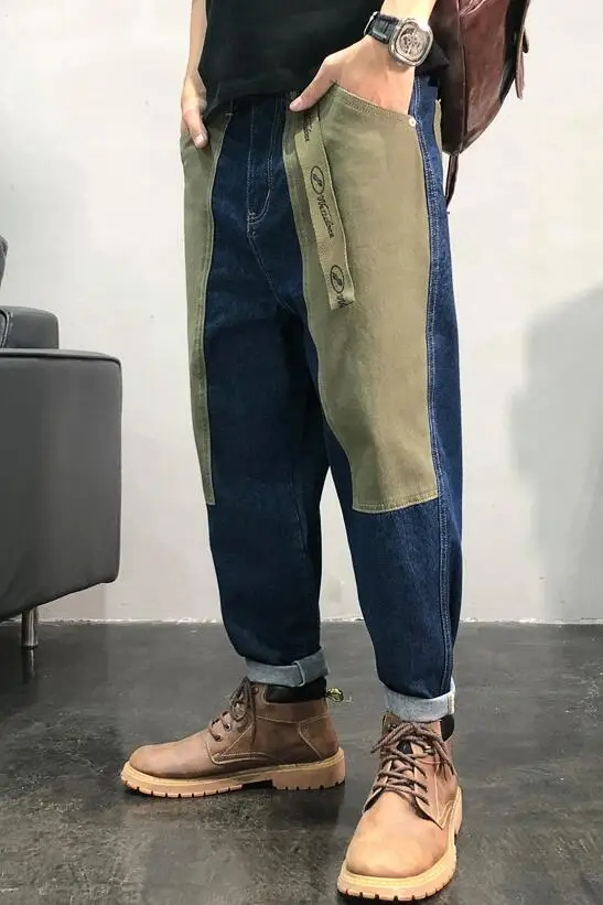 Retro Loose Multi-Pocket Jeans Men Baggy Trousers Patch Jeans Street Color Block Cargo Jeans