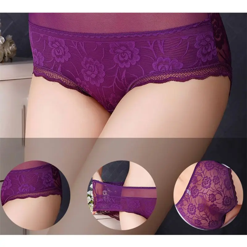 

Womens Plus Size High Waist Panties Erotic Sheer Floral Lace Butt Lifter Jacquard Solid Color Seamless
