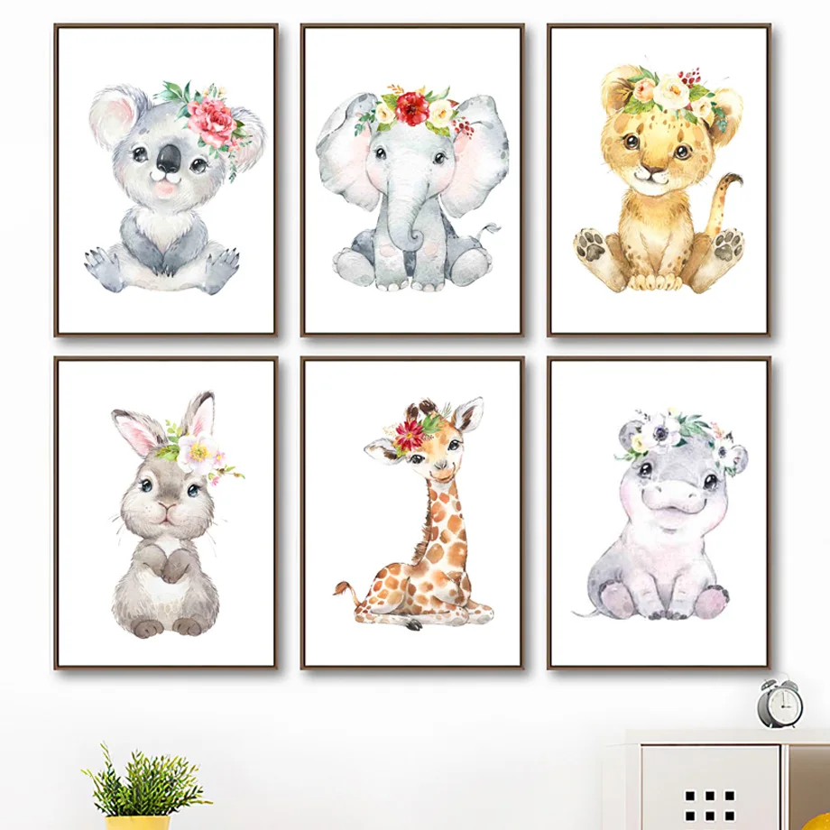 

Elephant Tiger Koala Giraffe Hippo Rabbit Baby Wall Art Canvas Painting Nordic Posters And Prints Wall Pictures Kids Room Decor