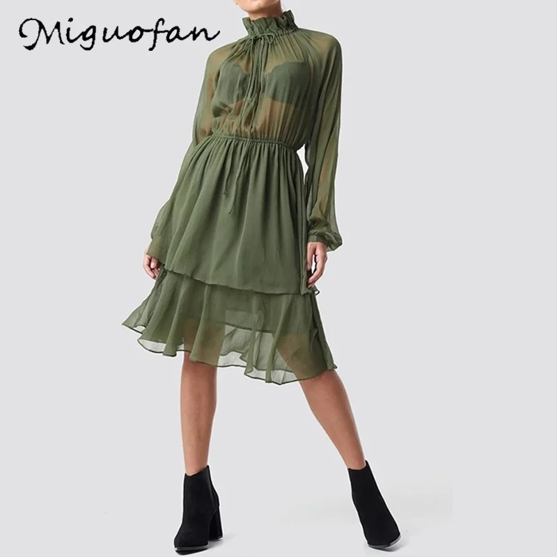 Женское шифоновое платье Miguofan прозрачное ажурное с высоким воротником и длинным
