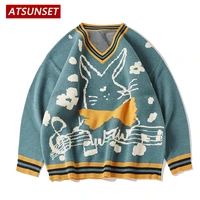 atsunset cartoon bunny draw embroidery sweater harajuku retro style knitted sweater autumn and winter cotton pullover tops
