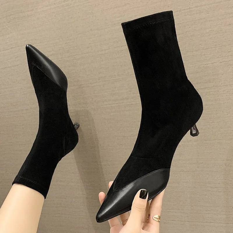 

Sexy Sock Boots Stretch Knitting Boots Thin High Heels For Women Fashion Shoes 2021Spring Autumn Ankle Boot Black Booties Female