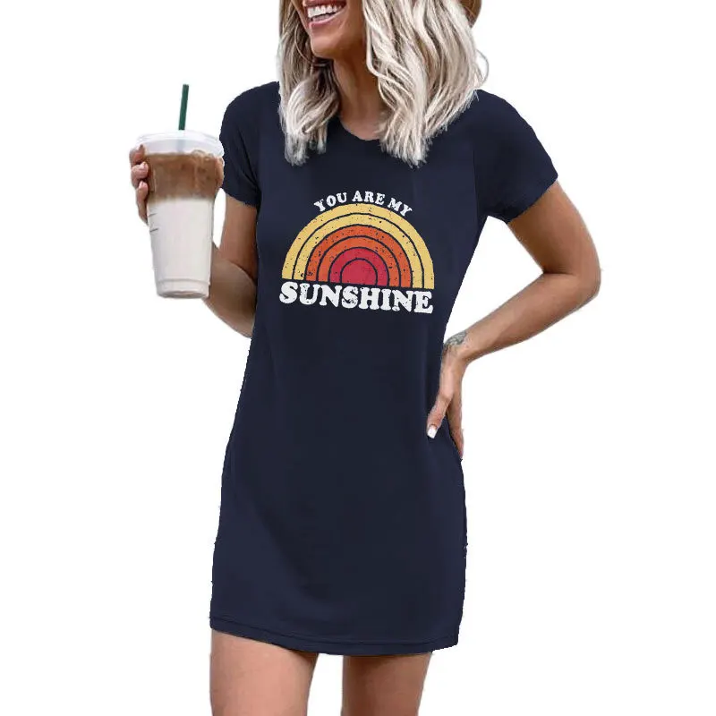 

Women's Render Garment Rainbow Sunshine Letters Printing Round Collar Short Sleeve Mini Dress