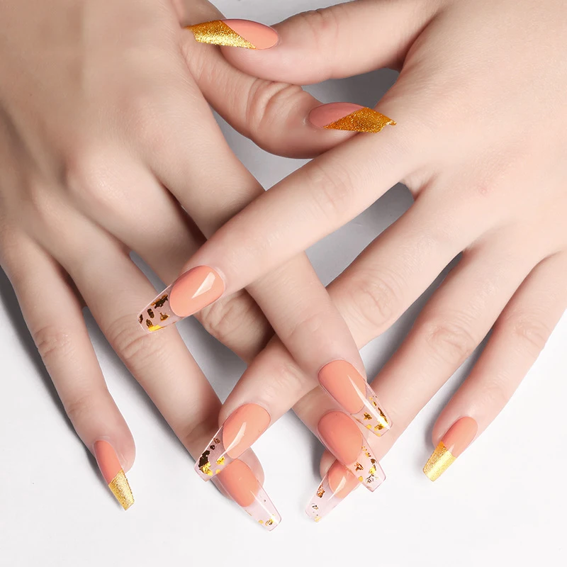 

24Pcs/Set Orange False Nail Long French Fake Nails Detachable Ballet Coffin Nail Tips With Gold leaf Press On Nail Art Tool
