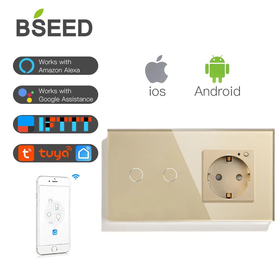 BSEED 16A Wifi сенсорный выключатель 2 банды 1 способ ЕС Стандартный ЕС розетка с 3 цвета Кристалл Стекло Панель Умный переключатель