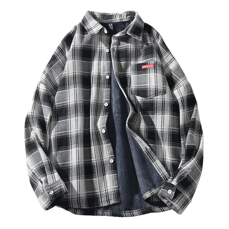 Рубашка мужская флисовая в клетку Повседневная теплая винтажная сорочка с