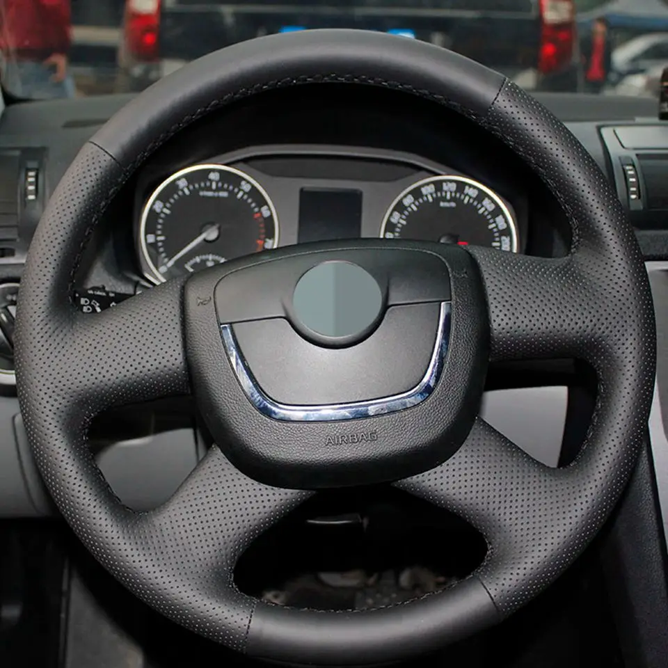Black Genuine leather Hand-stitched Car Steering Wheel Cover for Skoda Skoda Octavia a5 2012 Octavia Superb 2012 Fabia