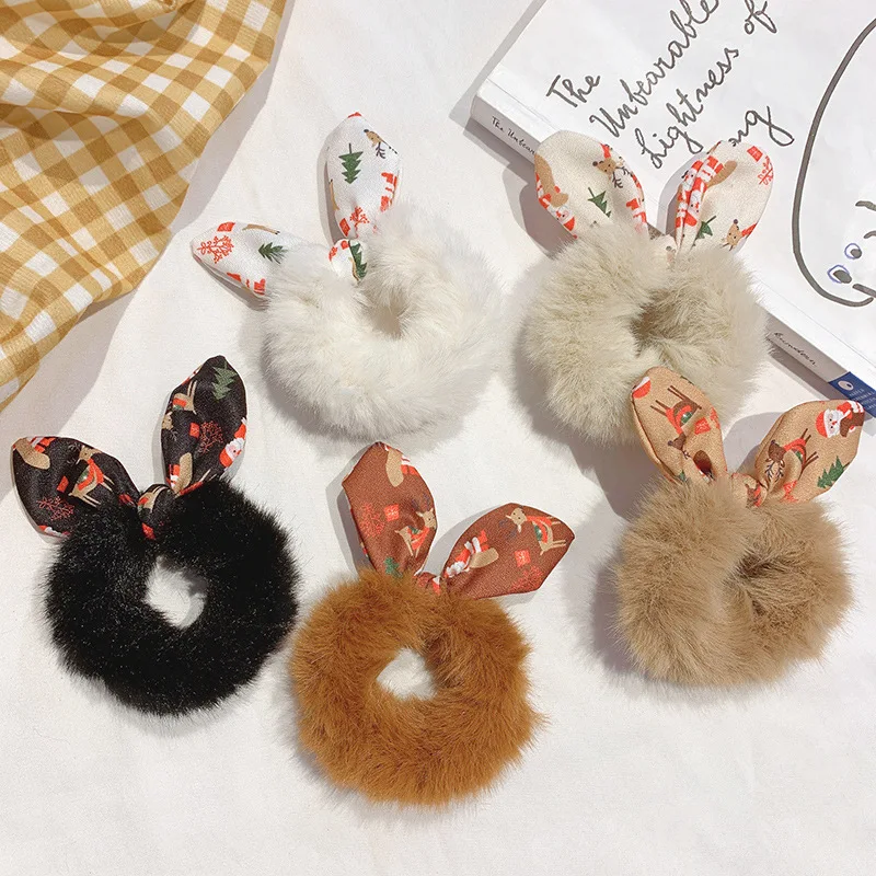 

Christmas Style Fluffy Faux Fur Fuzzy Elastic Hair Rope Bands Girls Large Intestine Scrunchie Rabbit Ear Plush Ponytail Holder