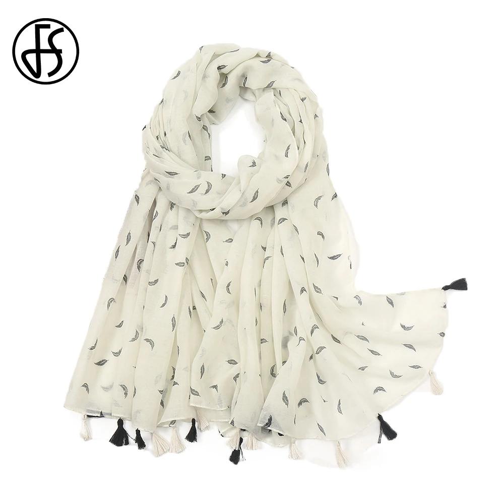 

FS 2021 Luxury All-match Cute White Feather Print Winter Scarf For Women Streetwear Party Warm Shawl With Tassel Foulard Femme