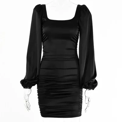 

New Arrivals Satin Puff-Sleeve Ruched Dress For Women Solid Square Collar Sexy Backless Zip Dresses Ladies Streetwear Vestidos