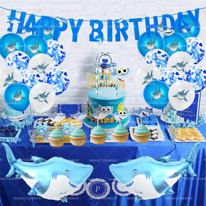 Los ni&ntilde;os globos de l&aacute;tex de tibur&oacute;n de dibujos animados tema banderines para fiesta de cumplea&ntilde;os Pastel de Bodas Topper tibur&oacute;n globo aluminio ni&ntilde;os regalo de cumplea&ntilde;os de las ni&ntilde;as-0