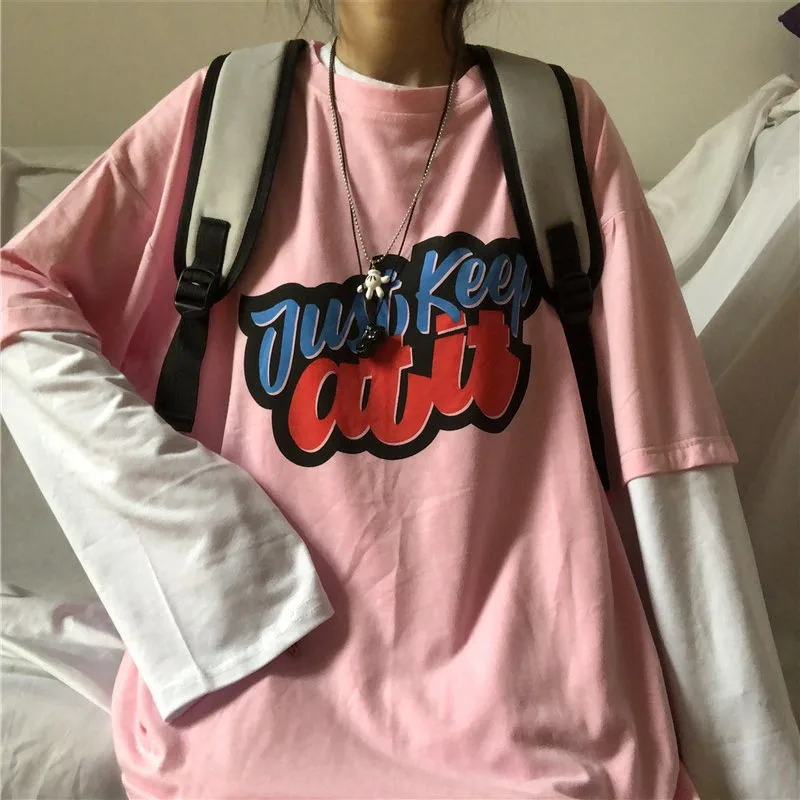 

New Autumn Harajuku Loose Hip Hop Tees Shirt Long Sleeve Pink T-shirt Splicing Fake Two Pieces Women Tops Clothes Dropshipping