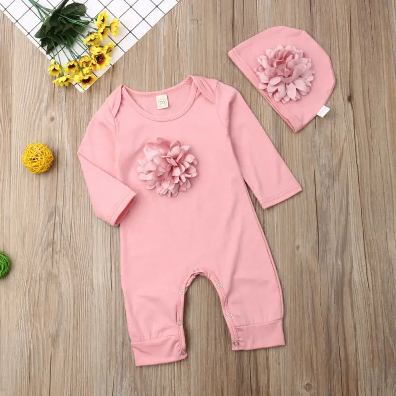 0-18M Baby Flower One-piece Romper Newborn Kid Girl 3D Flowers Long Sleeve Jumpsuit Hat Clothes | Мать и ребенок