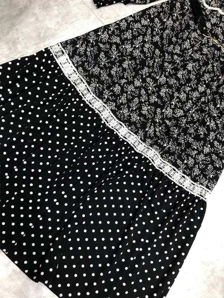 

Free shipping heavy crafts applique stitching lace bandage contrast color polka dot loose big hem dress ladies autumn new style