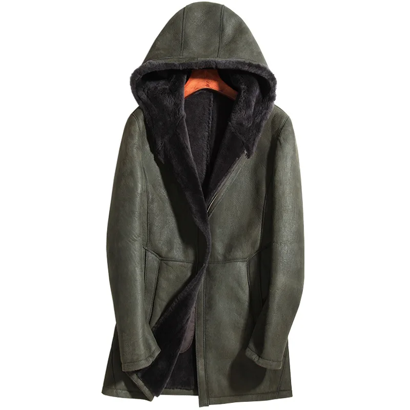

Mens Genuine Shearling Leather Jacket Sheepskin Real Fur Coat Men Hooded Winter Long Leather Jackets 02E2023 KJ2420