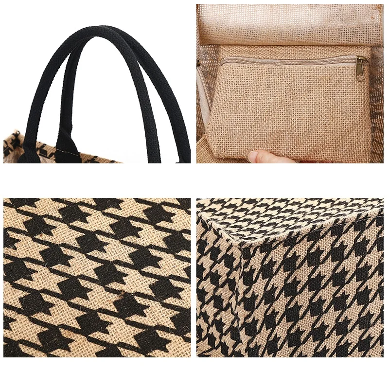 

Women Summer Luxury Jute Handbags for Beach Vintage Swallow Gird Printing Shoulder Bags Daily Use Female Leopard Shopping Tote