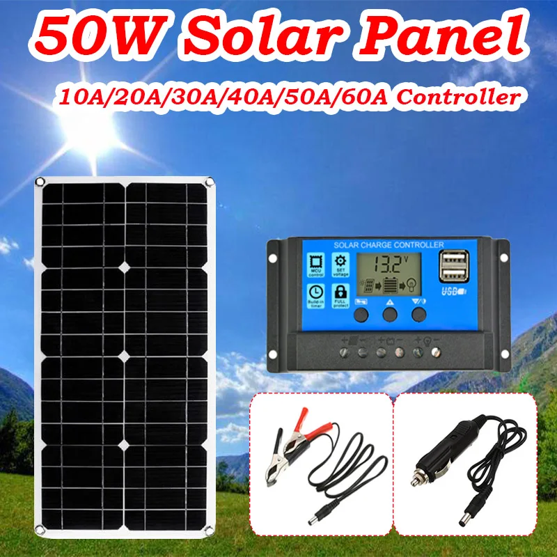 

50W Solar Panel Charging Board Dual USB Output Solar Cells with 10A/20A/30A/40A/50A/60A Controller Battery Charger for Outdoor