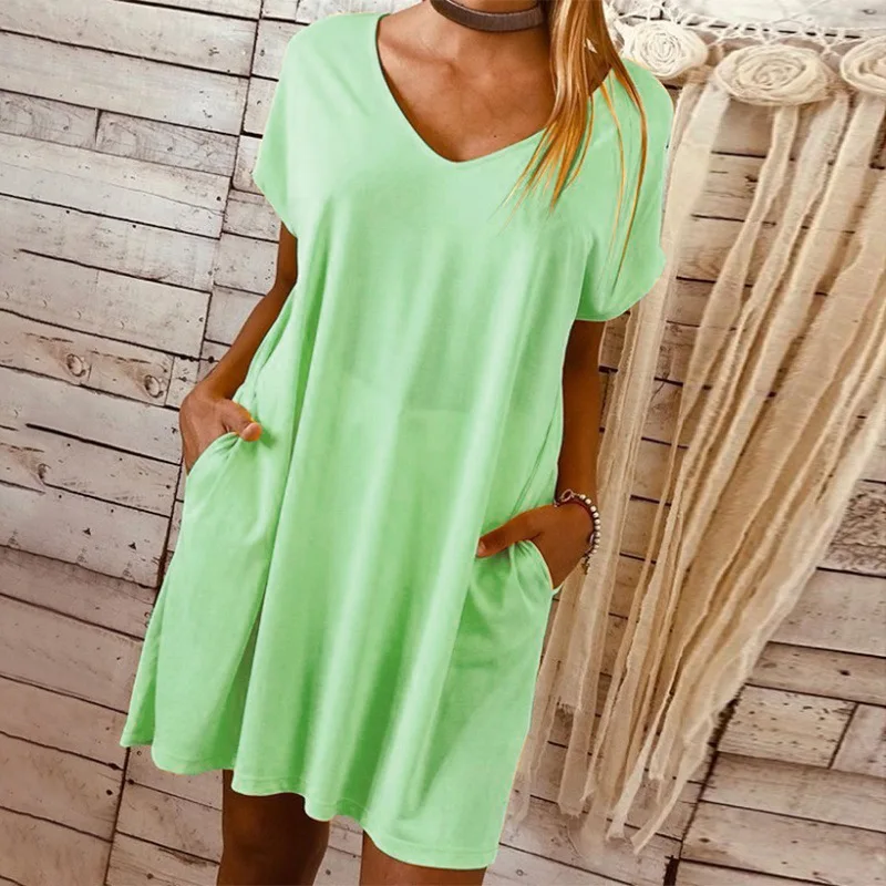 

2021 Sexy Women Summer Fashion Women Short Sleeve Deep V-neck Dress Casual Style Solid Color Women Loose T-shirt Dress