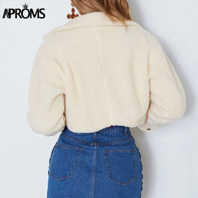 Aproms элегантная однотонная укороченная плюшевая куртка для женщин с передними