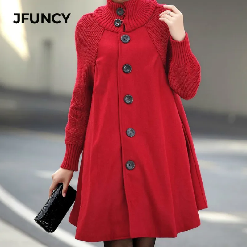

JFUNCY Autumn Winter Women's Coat Long Loose Plus Size Maternity Pregnancy Cloak Female High Neck Knitted Sleeve Jackets