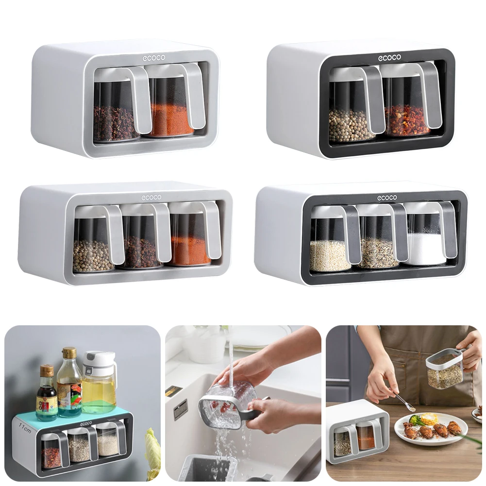 

Wall Mount Kitchen Spice Organizer Rack Multi-Function Sugar Bowl Salt Shaker Seasoning Container Kitchen Storage Set Hot New