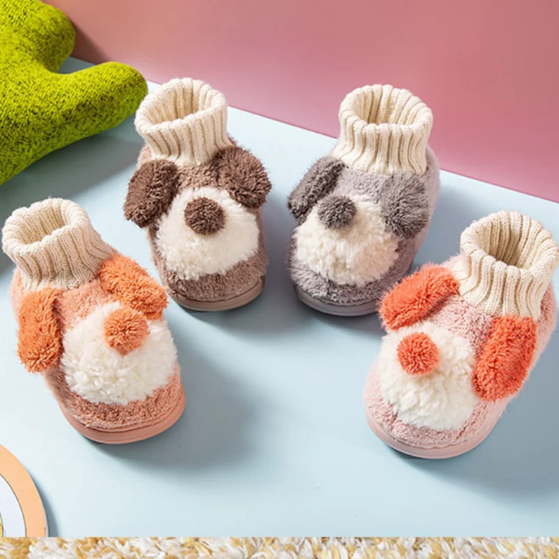 

Girls Boys Indoor Slippers 2022 New Kids Winter Cotton Shoes Plus Thick Sock Warm Unisex Children Cute Dog Decoration Soft Shoes