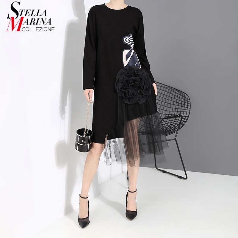 Новинка 2019 женское осеннее черное платье с принтом в Корейском стиле Сетчатое