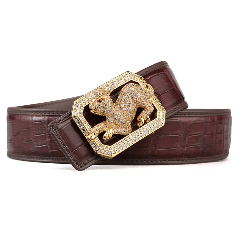 rabbit brown McParko Crocodile Belt Mens Leather Belts With Buckle Luxury Animal Design Genuine Leather Waist Belt with rhinestones Buckle - Цвет: rabbit brown