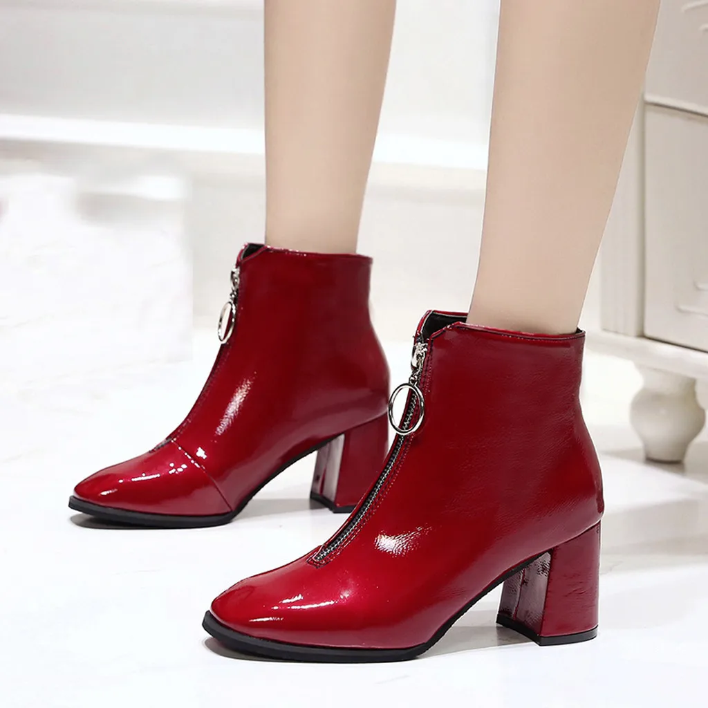 Women Ankle Boots Bright Leather Ring Zipper Female High Heel Shoes Square with Ladies Fashion British Wind Plus Size | Обувь