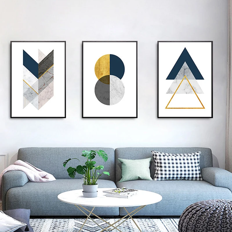 

Nordic Abstract Geometric Arrow Blue Yellow Gray Color Block Marble Texture Canvas Painting Wall Picture Poster Room Decoration