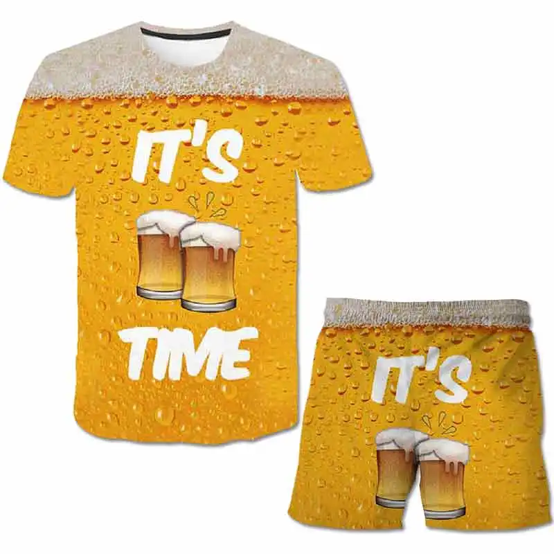 

2021 new children's short sleeve set 3D printed beer design short sleeve shorts set boys and girls sports set