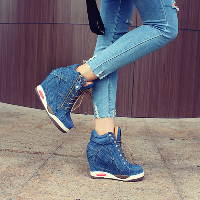 Big Size Women's Denim Wedges Sneakers Autumn Platform Casual Fashion Ladies Side Zipper Vulcanized Shoe Thick Bottom High Heel | Обувь