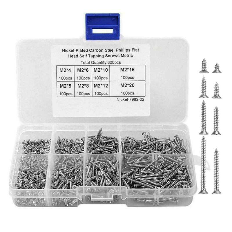 

800Pcs M2 Self-Tapping Screws Assortment Set Cross-Head Screws Flat Head Countersunk Head Screws for Plastic Wood Silver