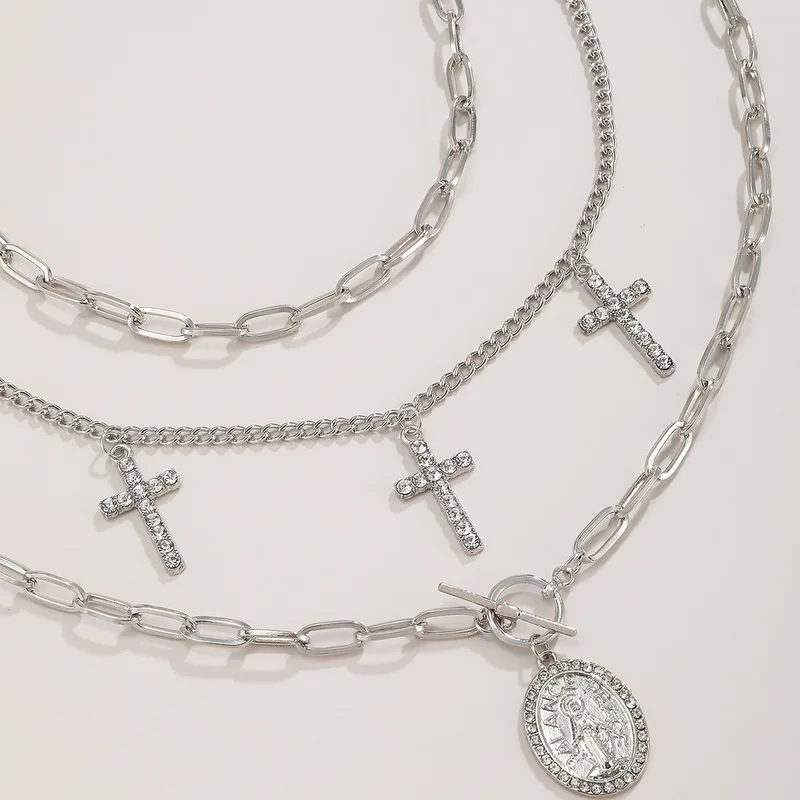 

2020 New Fashion Retro Simple Rhinestone Multilayer Cross Pendant Necklace Personality Exaggerated Girls Sweet Tassel Necklace