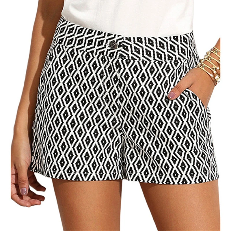 

Black And White Houndstooth Women Shorts Summer Fashion Mid Waist Casual Pocket Straight Shorts Plaid Striped Shorts