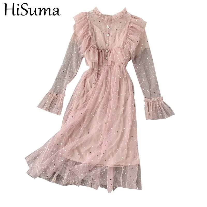 

HISUMA весенне-осеннее женское платье с расклешенными рукавами, шикарное плиссированное платье с блестками и оборками, женское эластичное Сет...