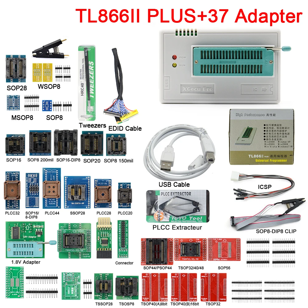 

Upmely Original V11.2 TL866II Plus Universal Minipro USB Programmer TL866 Nand Flash AVR PIC Bios with 37 PCS Adapter Mini Chips
