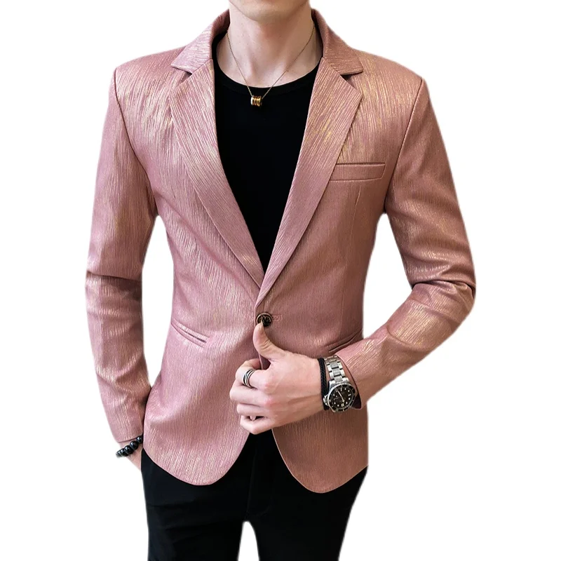 

Bright 2021 Spring Striped Men Blazers Luxury Golden Suits Jacket Single Button Casual Wedding Business Coats Blazer Masculino
